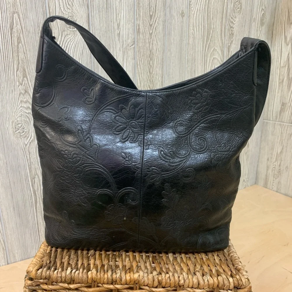 Fossil Black Leather Embossed Hobo Bag Clean